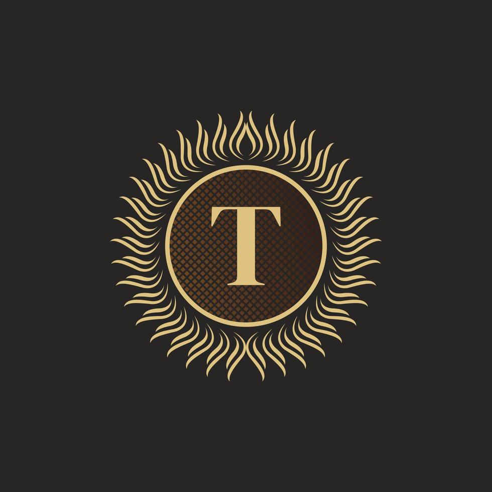 Emblem Letter T Gold Monogram Design. Luxury Volumetric Logo Template. 3D Line Ornament for Business Sign, Badge, Crest, Label, Boutique Brand, Hotel, Restaurant, Heraldic. Vector Illustration