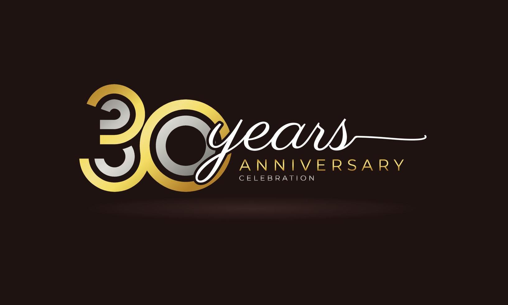 Logotipo de celebración del aniversario de 30 años con varias líneas vinculadas de color plateado y dorado para eventos de celebración, bodas, tarjetas de felicitación e invitaciones aisladas en un fondo oscuro vector