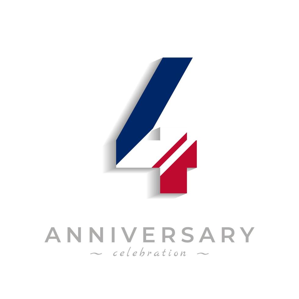 4 Year Anniversary Celebration with White Slash in Red and Blue American Flag Color. Happy Anniversary Greeting Celebrates Event Isolated on White Background vector