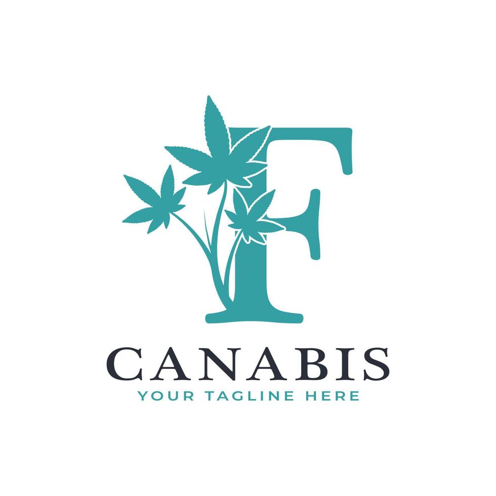 letra f alfabeto del logotipo de canabis verde con hoja de marihuana medicinal. utilizable para logotipos de negocios, ciencia, salud, medicina y naturaleza. vector