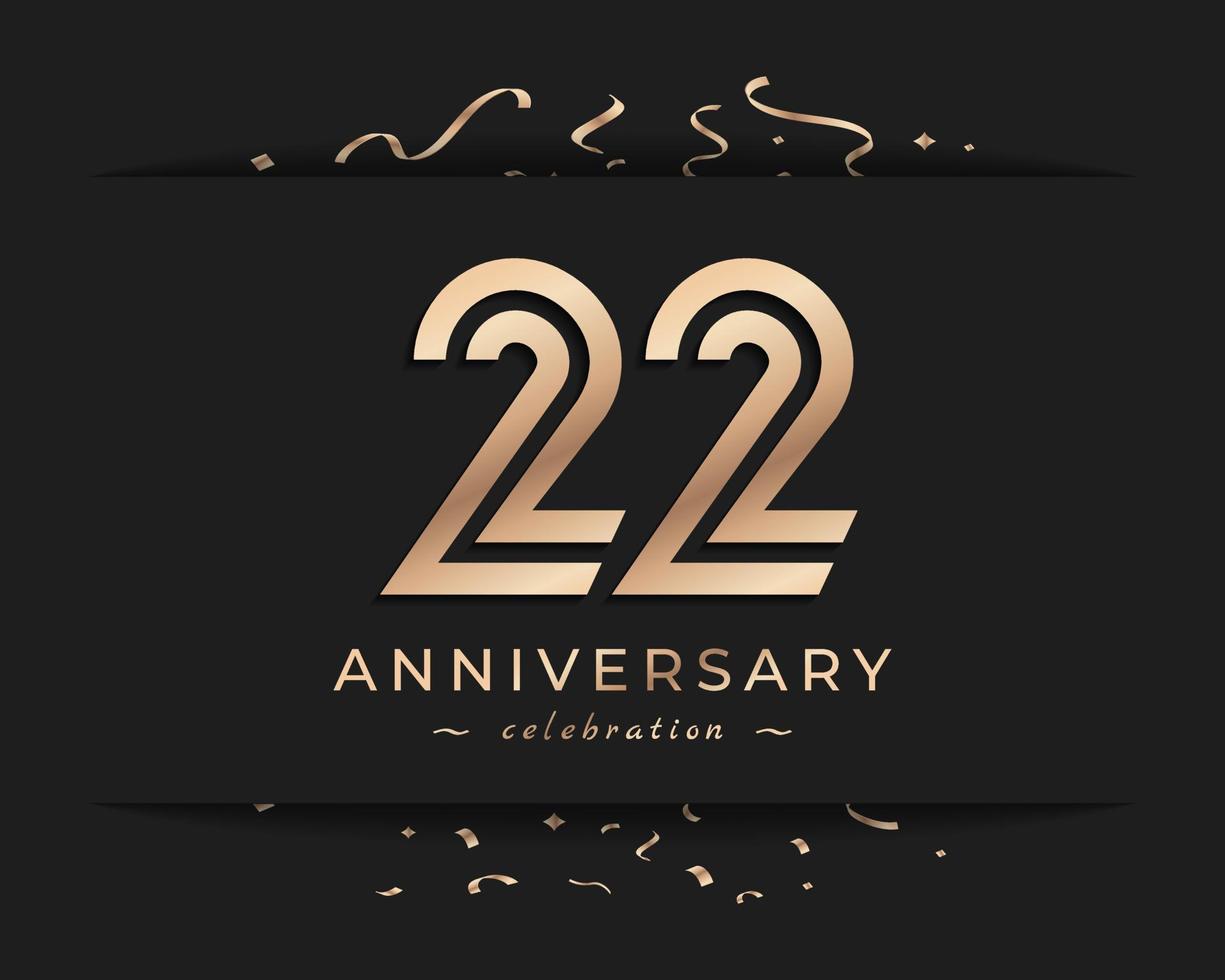 Diseño de estilo de logotipo de celebración de aniversario de 22 años. el saludo de feliz aniversario celebra el evento con múltiples líneas doradas y confeti aislado en la ilustración de diseño de fondo oscuro vector