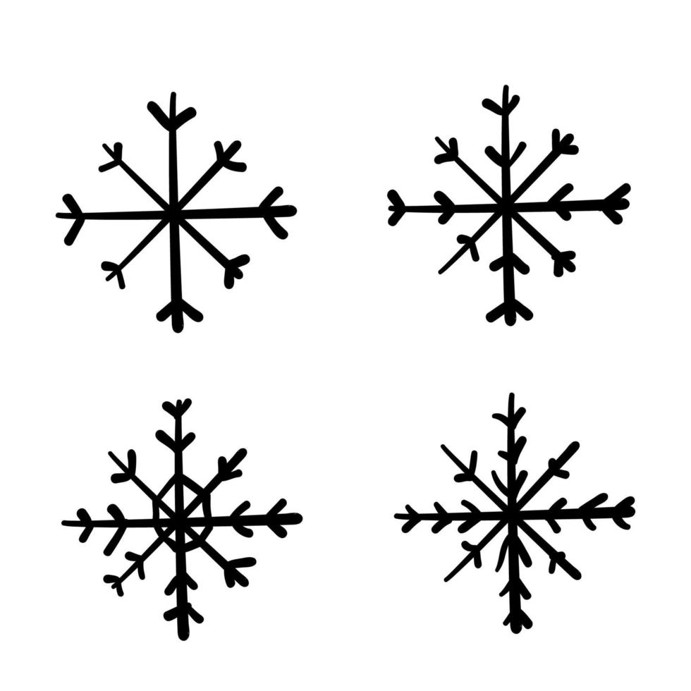 cuatro copos de nieve diferentes en estilo de dibujos animados de garabatos para diseño web aislados en blanco vector