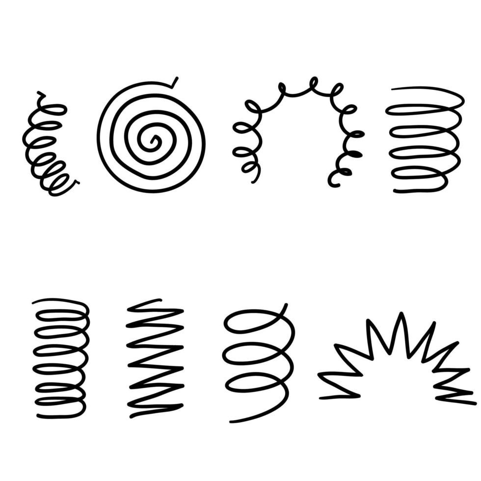 Spiral spring. Flexible coils, wire springs and metal coil spirals silhouette. Vape metallic flexible coils, flexibility steel motor spiral with hand drawn doodle style isolated vector