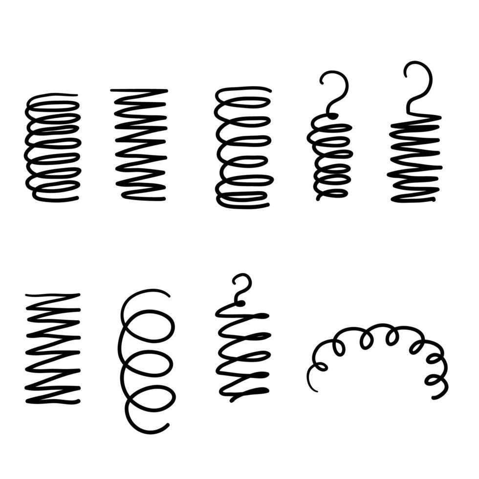 resorte espiral. bobinas flexibles, resortes de alambre y silueta de espirales de bobina metálica. bobinas flexibles metálicas vape, espiral de motor de acero flexible con estilo de garabato dibujado a mano aislado vector