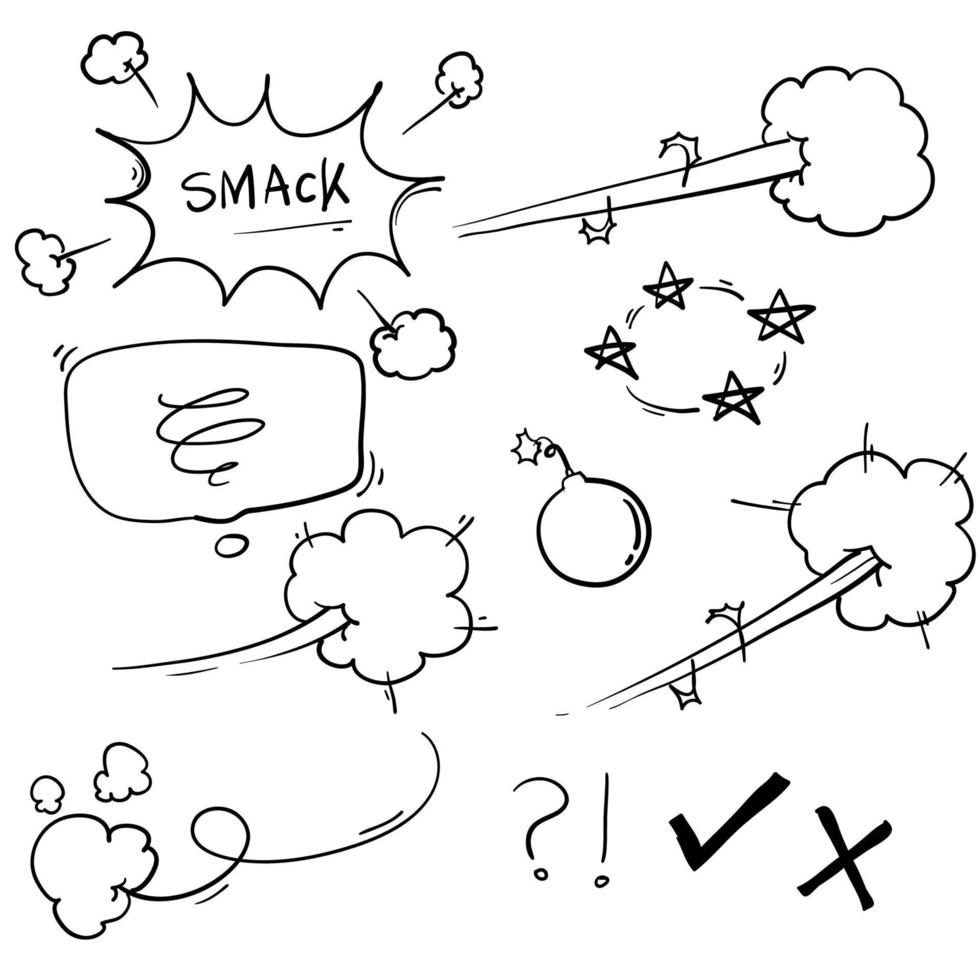 conjunto de elementos cómicos dibujados a mano con estilo de dibujos animados aislado sobre fondo blanco vector