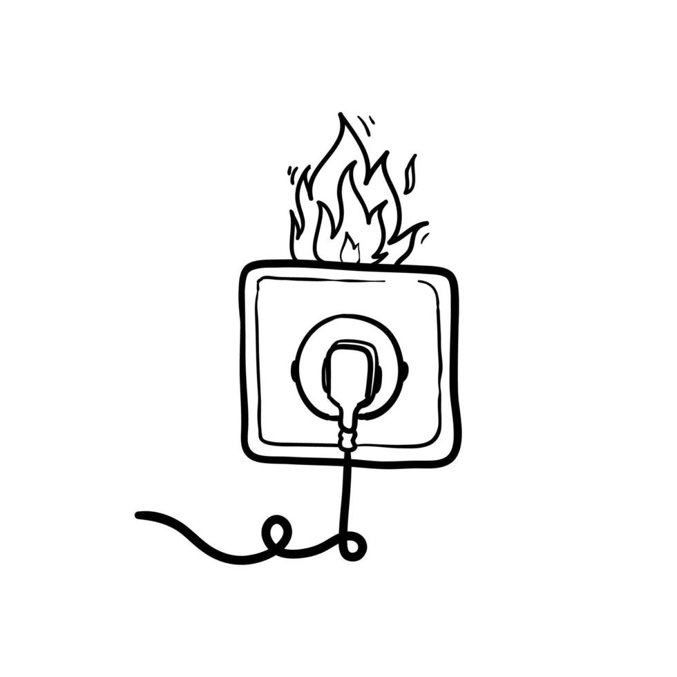 Fire wiring. Socket and plug on fire from overload. Electrical safety concept. Short circuit electrical circuit. Broken electrical connection.hand drawn doodle style vector isolated