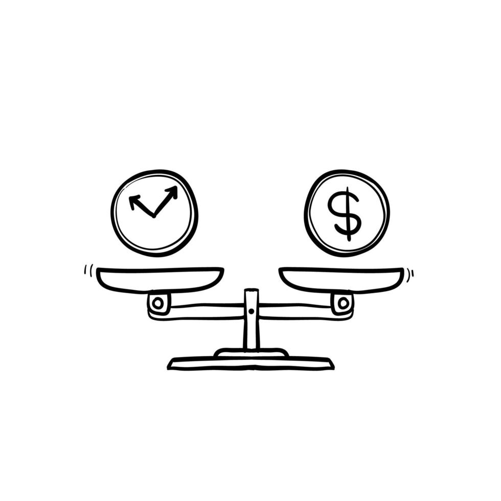 Time is money on scales icon. Money and time balance on scale. Weights with clock and money coin. Vector illustration in hand drawn doodle style isolated