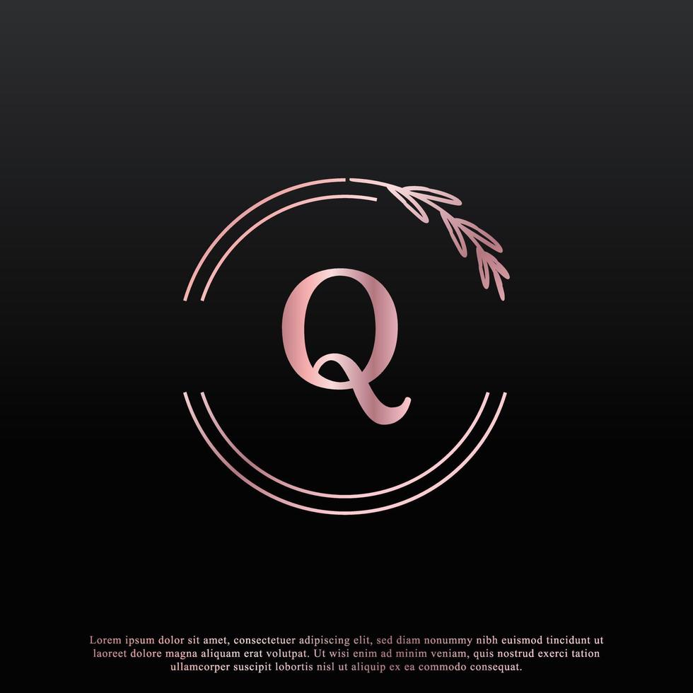 Elegant Q Letter Circle Floral Logo with Creative Elegant Leaf Monogram Branch Line and Pink Black Color. Usable for Business, Fashion, Cosmetics, Spa, Science, Medical and Nature Logos. vector
