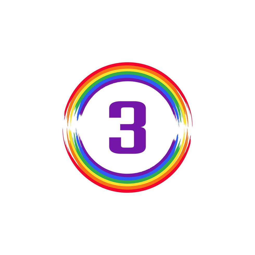 número 3 dentro de la circular coloreada en el diseño del logotipo del cepillo de la bandera del color del arco iris inspiración para el concepto lgbt vector