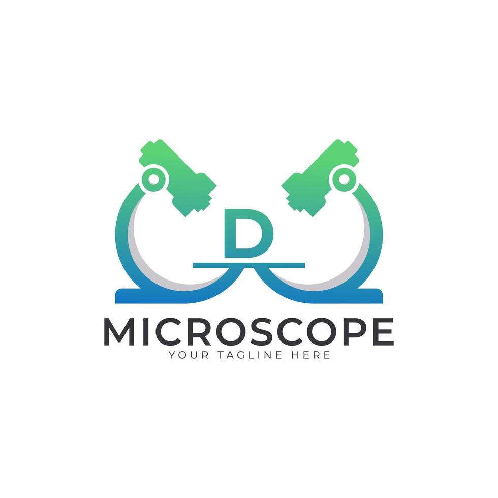 logotipo de laboratorio. elemento de plantilla de diseño de logotipo de microscopio con letra inicial d. vector