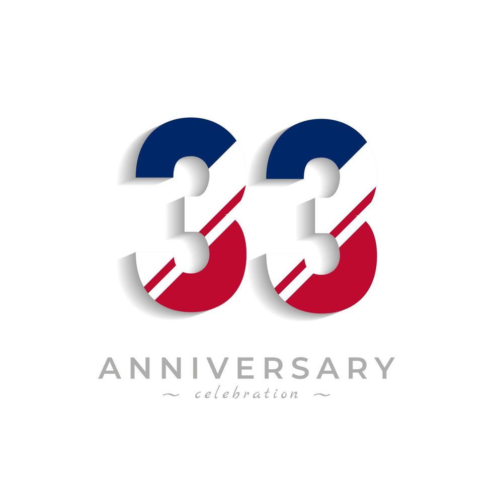 33 Year Anniversary Celebration with White Slash in Red and Blue American Flag Color. Happy Anniversary Greeting Celebrates Event Isolated on White Background vector