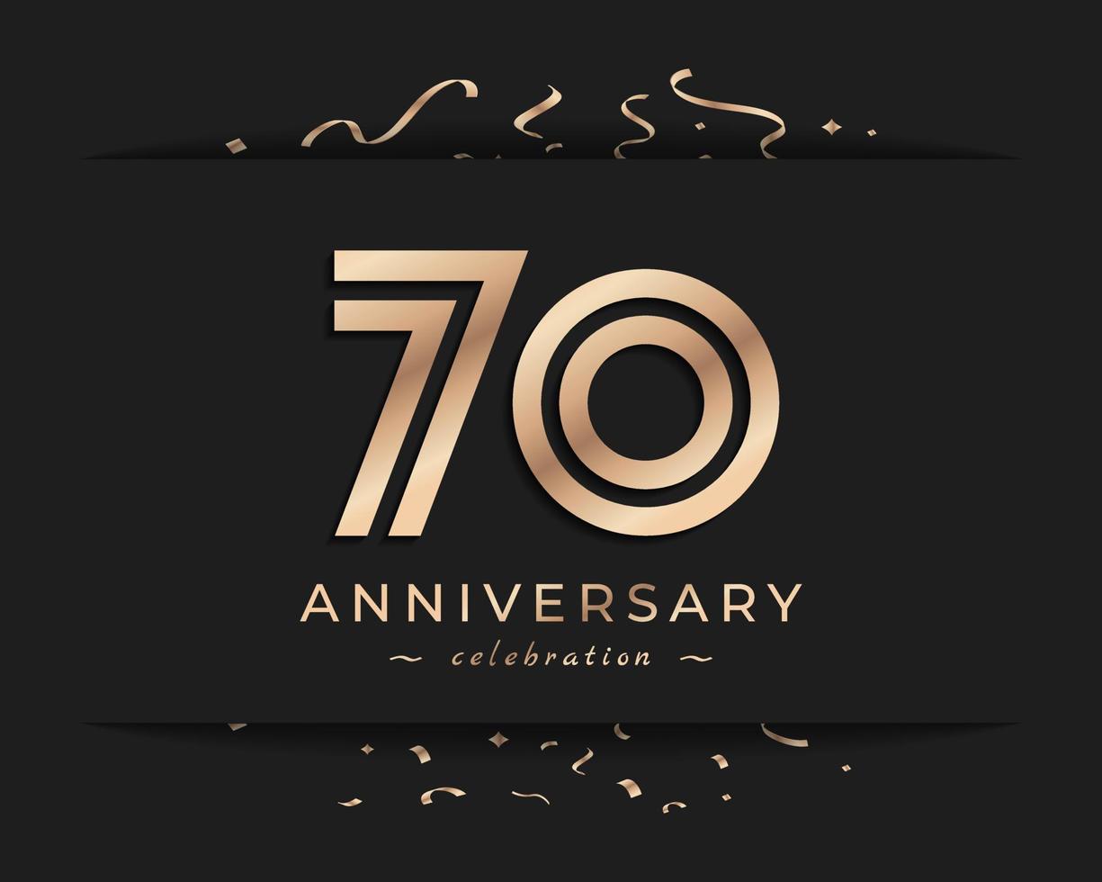 70 Year Anniversary Celebration Logotype Style Design. Happy Anniversary Greeting Celebrates Event with Golden Multiple Line and Confetti Isolated on Dark Background Design Illustration vector