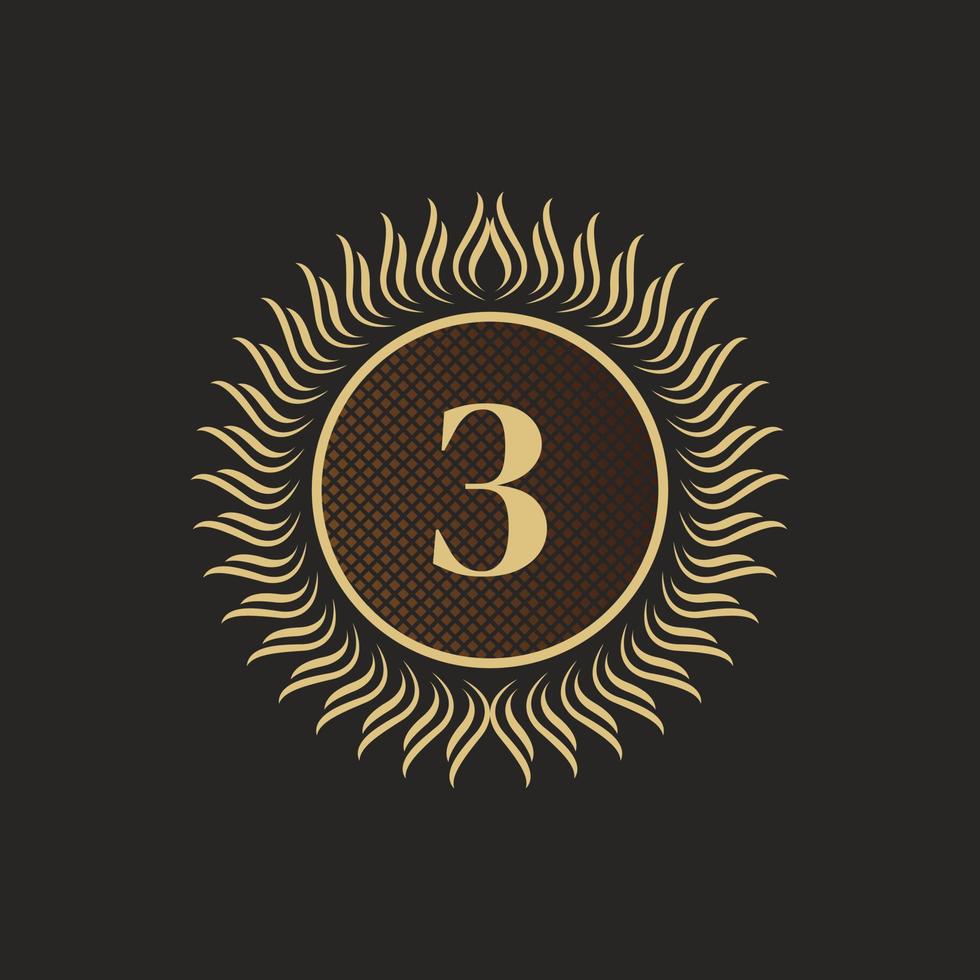 Emblem Number 3 Gold Monogram Design. Luxury Volumetric Logo Template. 3D Line Ornament for Business Sign, Badge, Crest, Label, Boutique Brand, Hotel, Restaurant, Heraldic. Vector Illustration