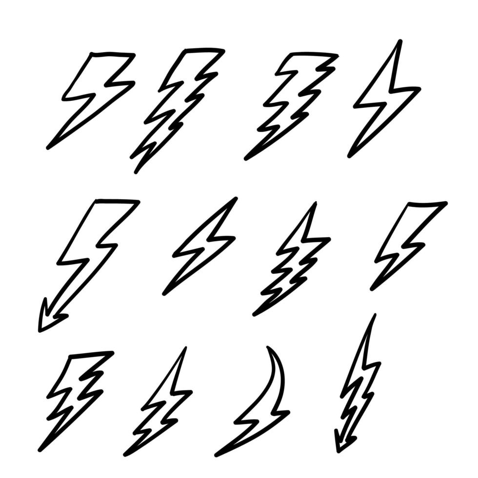 Set Lightning bolt. Thunderbolt, lightning strike. doodle hand drawn style vector illustration. Thunder and Bolt Lighting Flash Icons Set.vector isolated