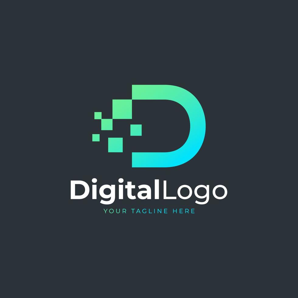 logotipo de la letra d de tecnología. forma geométrica azul y verde con puntos de píxeles cuadrados. utilizable para logotipos de negocios y tecnología. elemento de plantilla de ideas de diseño. vector
