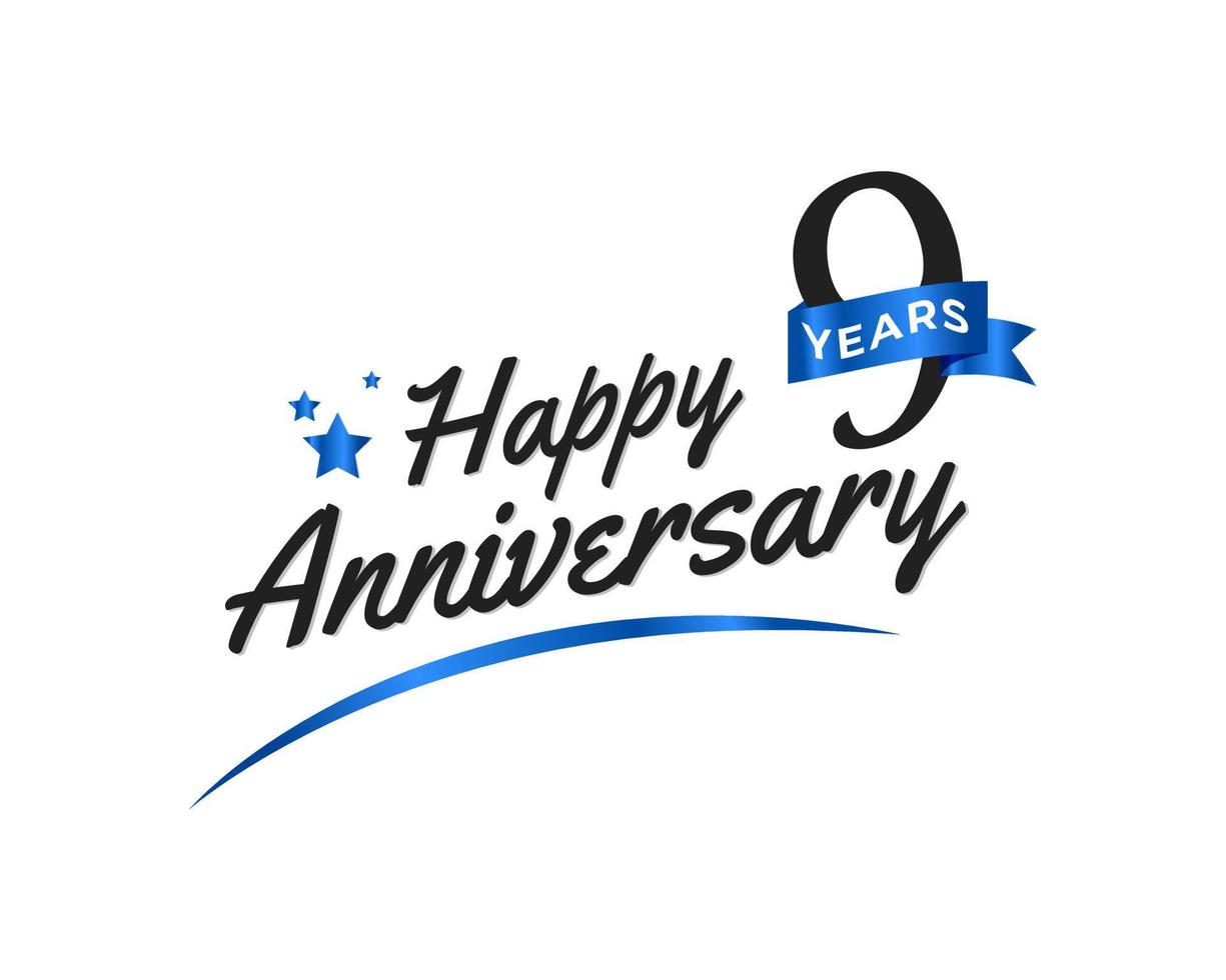Celebración del aniversario de 9 años con swoosh azul y símbolo de cinta azul. saludo de feliz aniversario celebra ilustración de diseño de plantilla vector