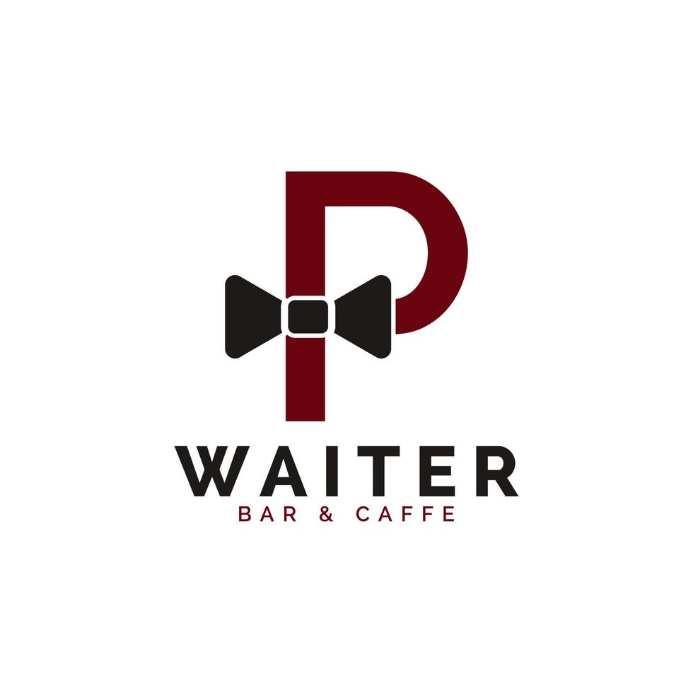 diseño del logotipo del restaurante del hotel de la corbata de lazo del camarero de la letra inicial p. plantilla de logotipo de vector de camarera.
