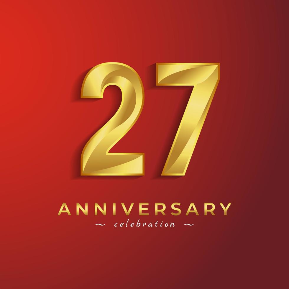 Celebración del aniversario de 27 años con color dorado brillante para eventos de celebración, bodas, tarjetas de felicitación y tarjetas de invitación aisladas en fondo rojo vector