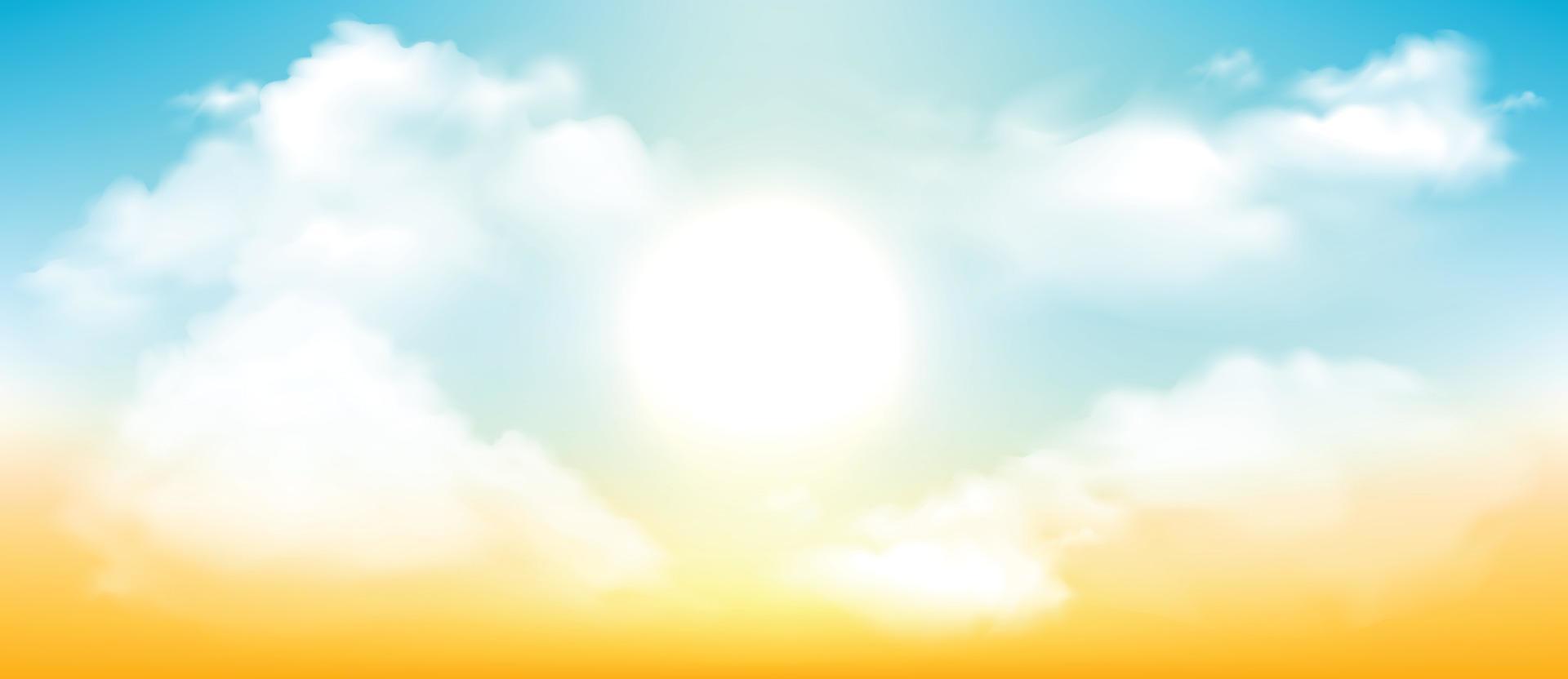 Sunny background, blue sky with white clouds and sun vector