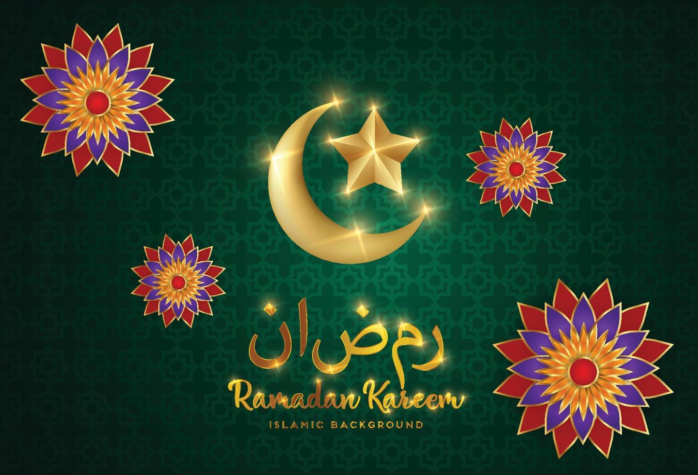 Ramadan Kareem banner with 3d metallic golden crescent moon, paper cut abstract arabesque flowers and Arabic handwritten calligraphy. Translation Ramadan Kareem. Vector. vector
