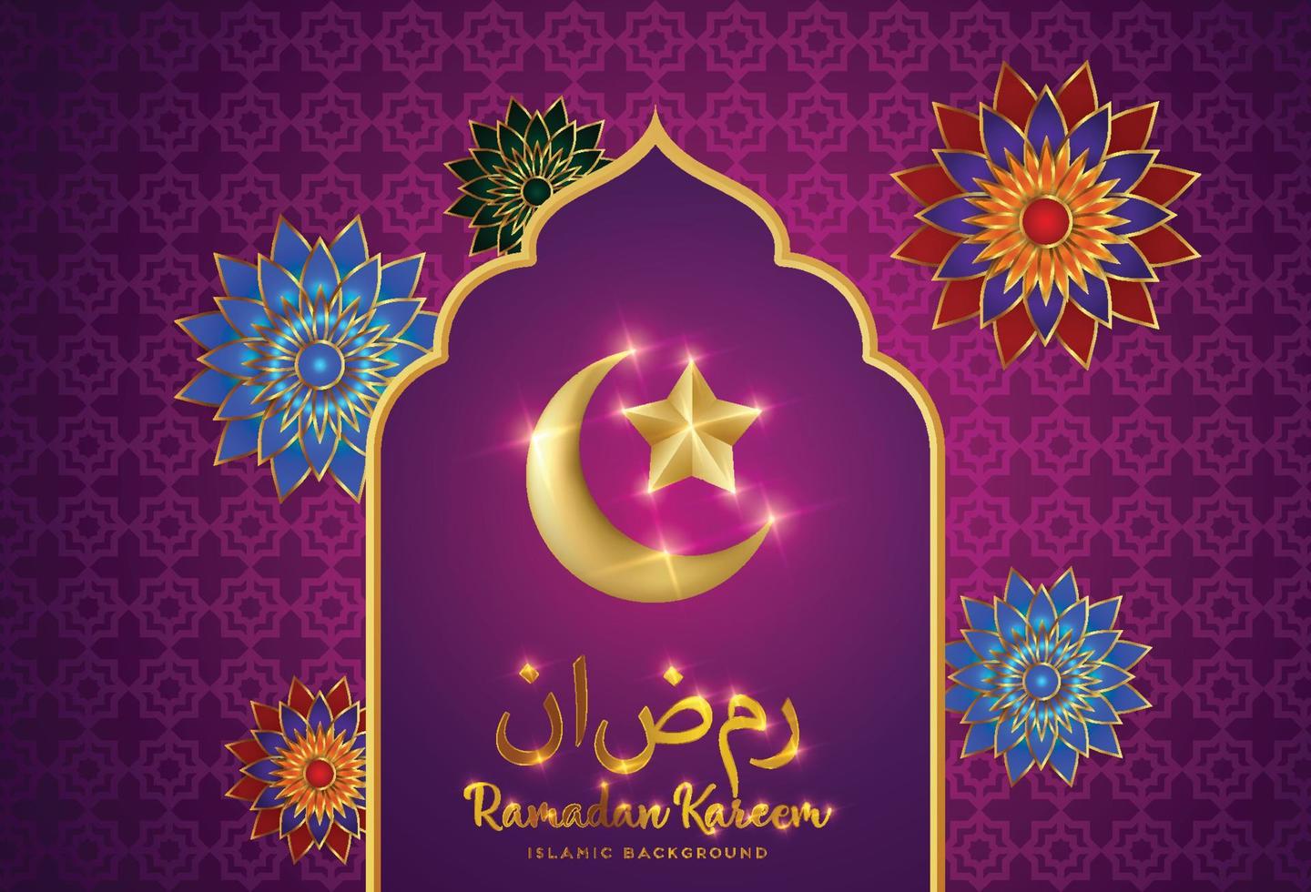 Ramadan Kareem banner with 3d metallic golden crescent moon, paper cut abstract arabesque flowers and Arabic handwritten calligraphy. Translation Ramadan Kareem. Vector. vector