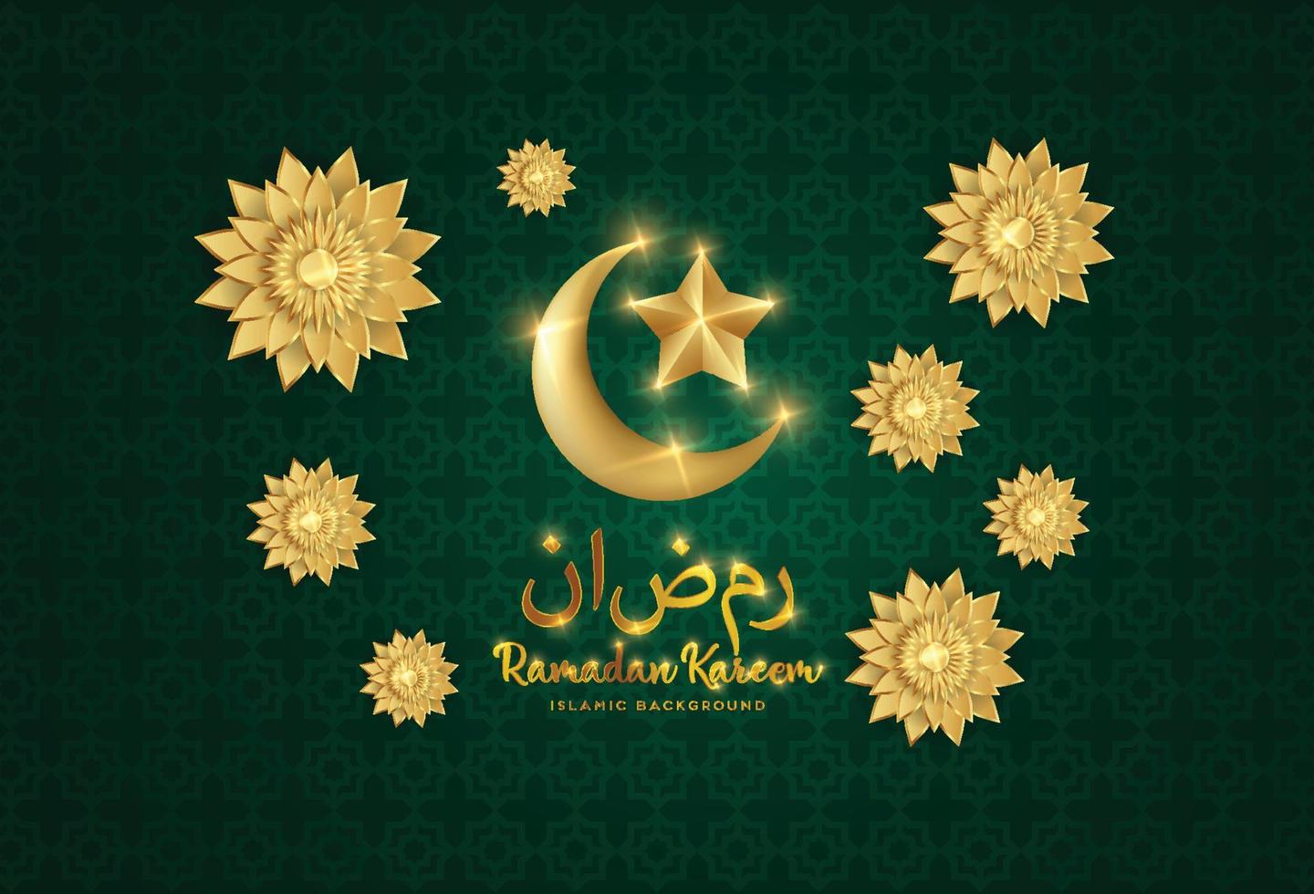 estandarte de ramadan kareem con luna creciente dorada metálica 3d, flores arabescas abstractas cortadas en papel y caligrafía manuscrita árabe. traducción ramadán kareem. vector. vector