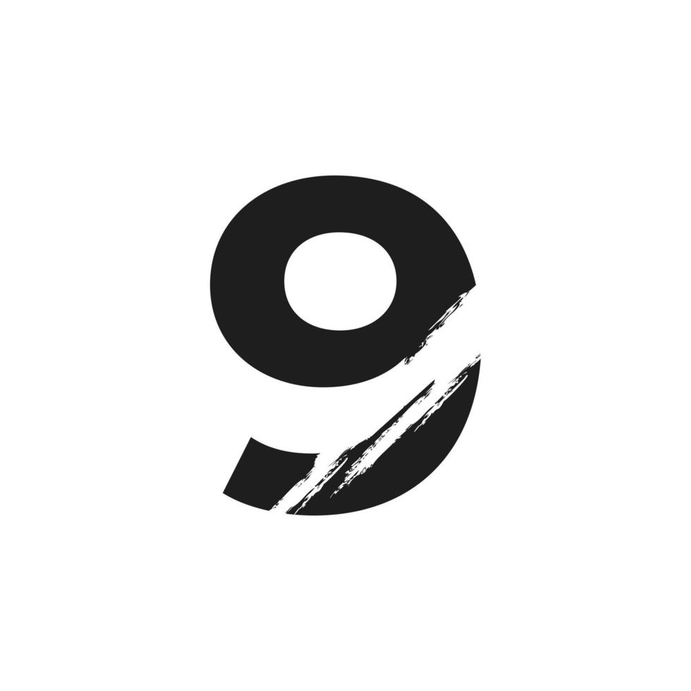 Number 9 Logo with White Slash Brush in Black Color Vector Template Element