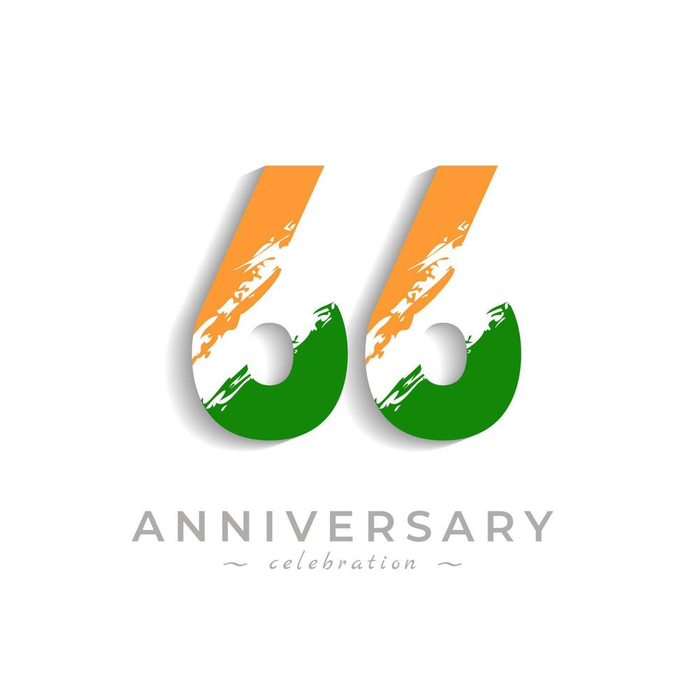 66 Year Anniversary Celebration with Brush White Slash in Yellow Saffron and Green Indian Flag Color. Happy Anniversary Greeting Celebrates Event Isolated on White Background vector