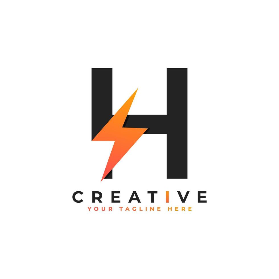 logotipo inicial de la letra h con rayo de iluminación. alfabeto adecuado para rápido, potencia, flash, eléctrico, identidad, movimiento y velocidad. vector