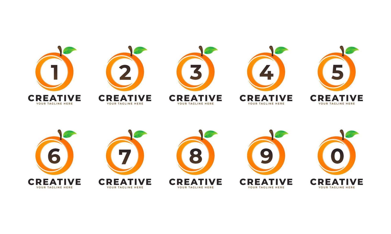 logotipo vectorial de conjunto de números en fruta naranja fresca con estilo moderno.diseños de logotipos de identidad de marca plantilla de ilustración vectorial vector