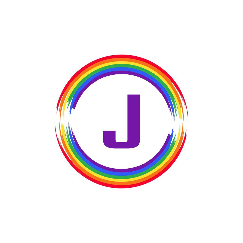 letra j dentro de la circular coloreada en el diseño del logotipo del pincel de la bandera del color del arco iris inspiración para el concepto lgbt vector