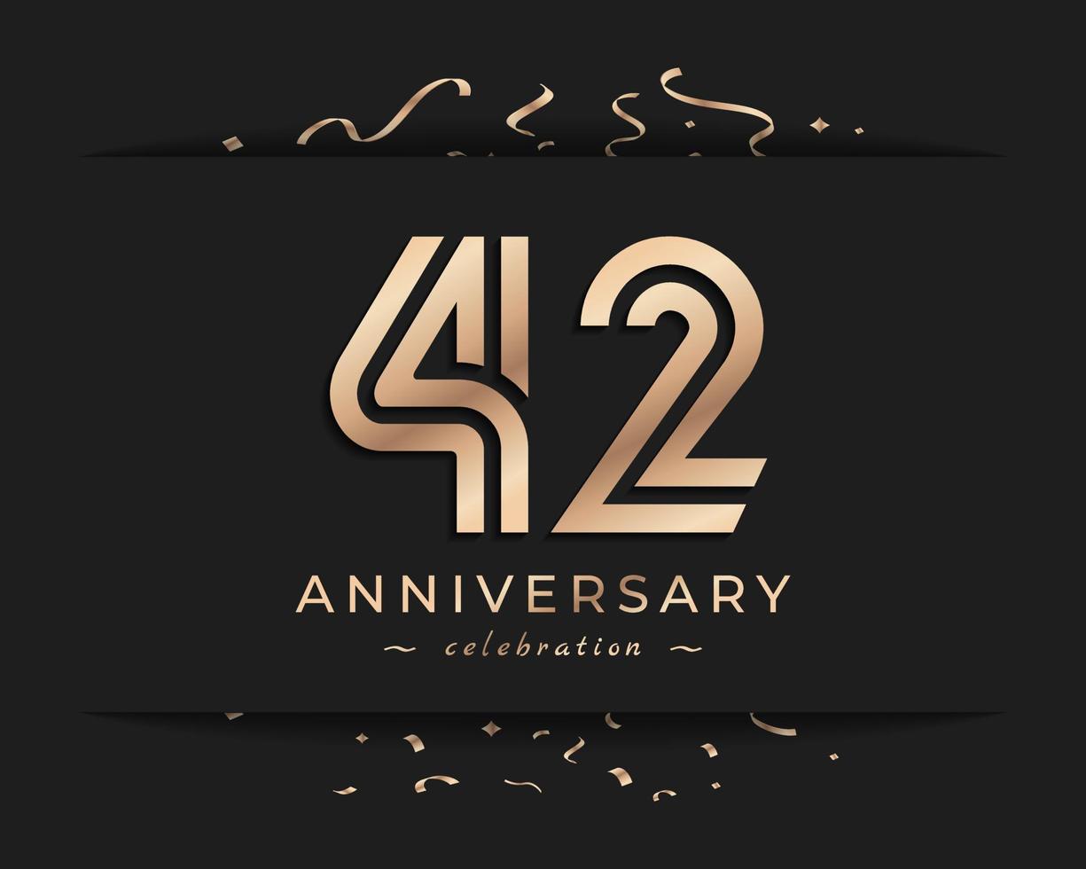 Diseño de estilo de logotipo de celebración de aniversario de 42 años. el saludo de feliz aniversario celebra el evento con múltiples líneas doradas y confeti aislado en la ilustración de diseño de fondo oscuro vector