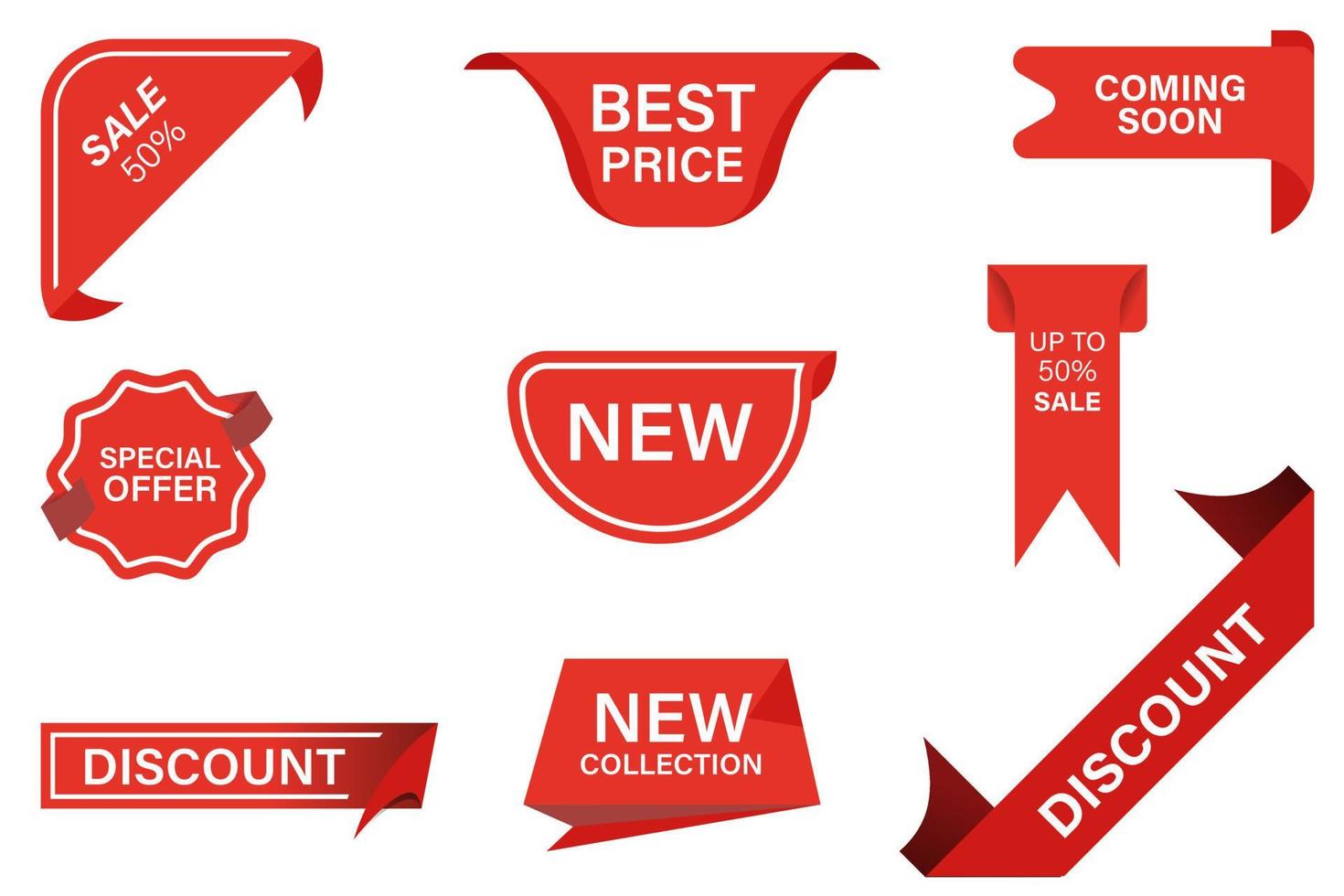 Vector red ribbons banner flat icon set. Best price, coming soon, special offer, new collection, sale and discount stickers isolated.