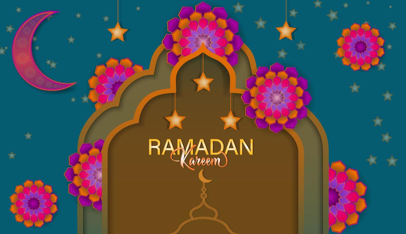 ramadan kareem ilustración vectorial con la forma de una puerta de mezquita, diseño de plantilla con elementos que usan diseño de estilo de corte de papel, luna creciente y estrellas sobre fondo azul oscuro. vector