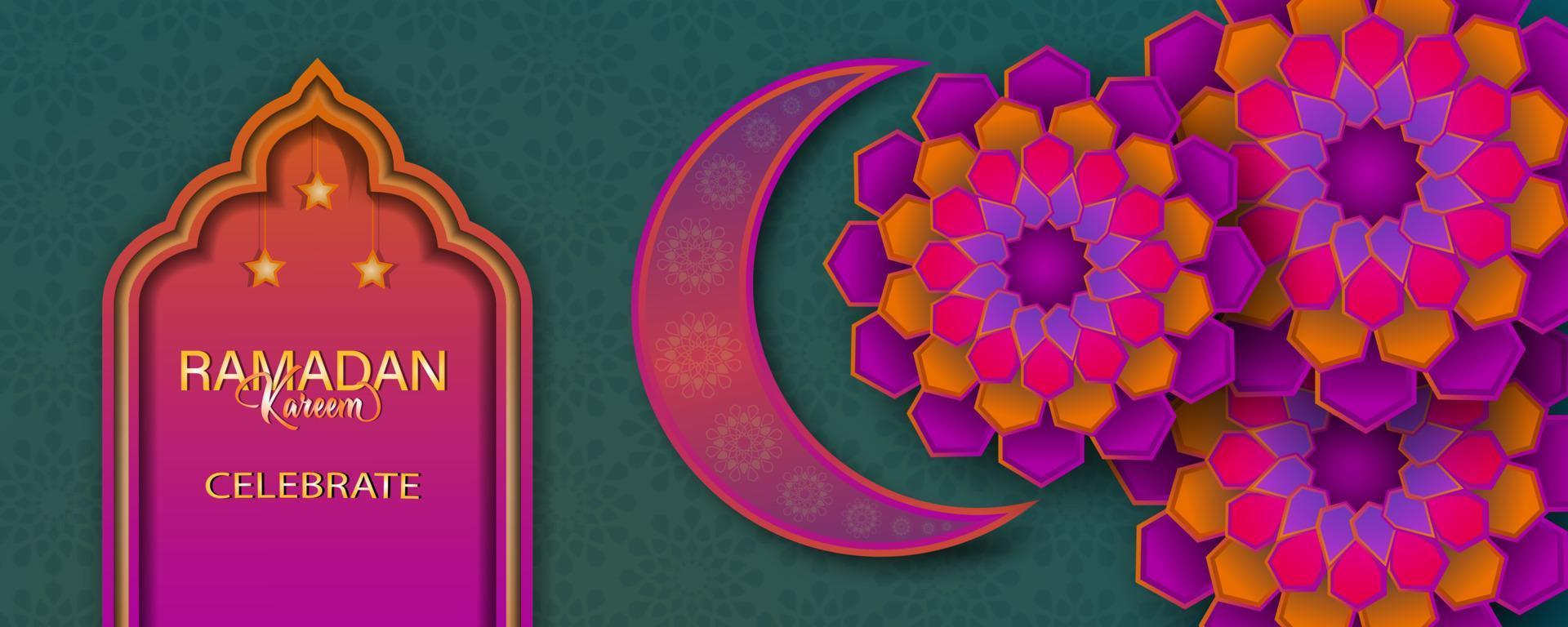 celebre el ramadán mubarak, el encabezado web o el diseño de pancartas con elementos que usan un diseño de estilo de corte de papel sobre fondo azul oscuro vector