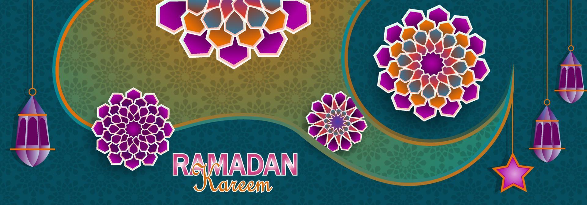 mes sagrado islámico, pancarta de ramadán kareem decorada con lámparas colgantes y elementos florales usando un diseño de estilo de corte de papel vector