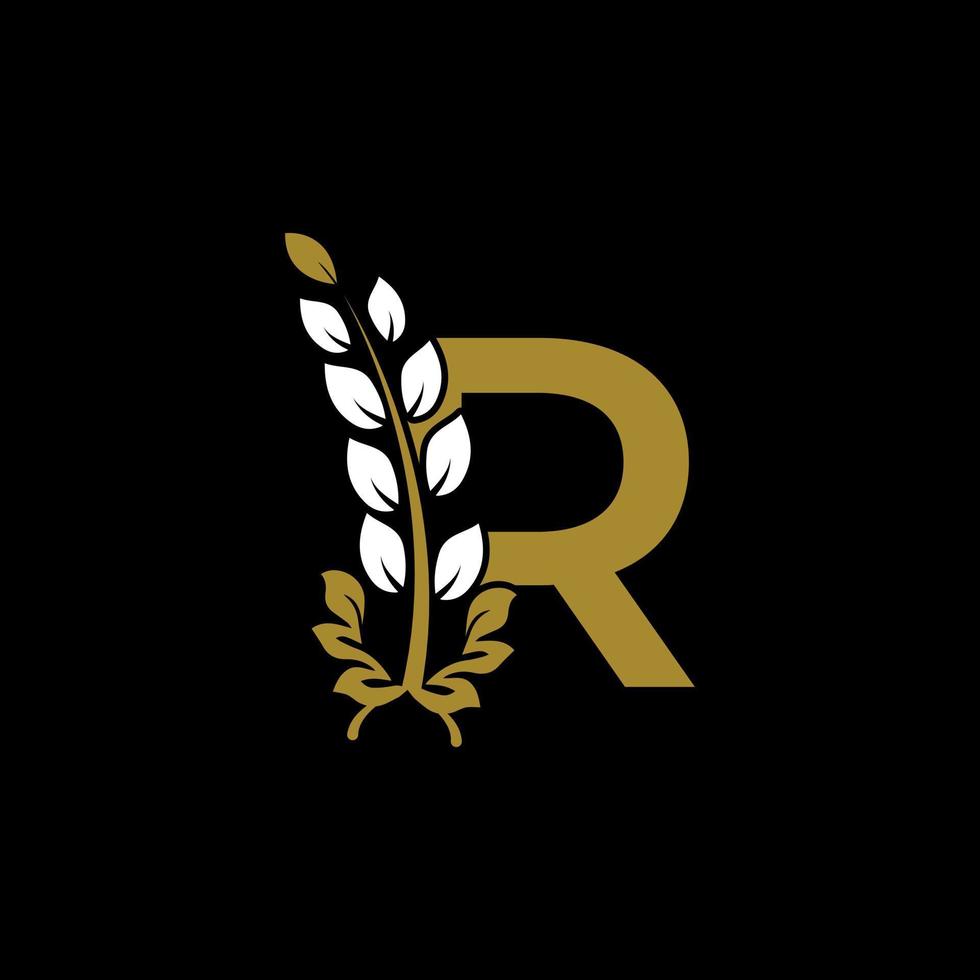 Initial Letter R Linked Monogram Golden Laurel Wreath Logo. Graceful Design for Restaurant, Cafe, Brand name, Badge, Label, luxury identity vector