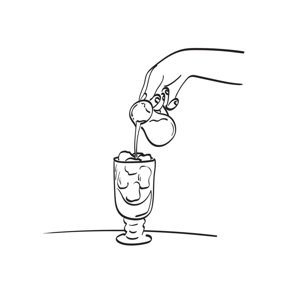 mano vertiendo jarabe en un vaso de bebida ilustración vector dibujado a mano aislado en el arte de línea de fondo blanco.