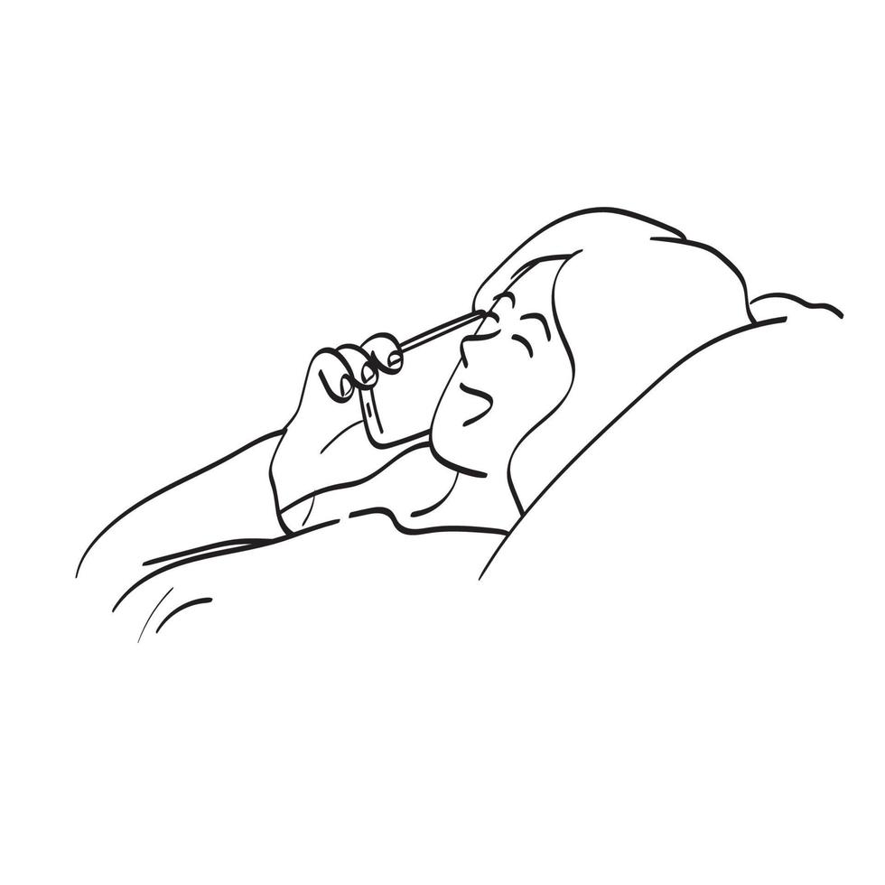 línea arte primer plano mujer usando teléfono inteligente en la cama ilustración vector dibujado a mano aislado sobre fondo blanco