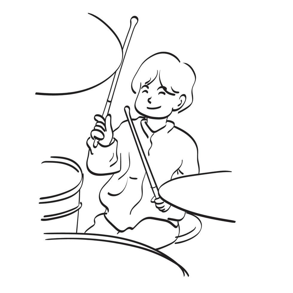 línea arte primer plano joven tocando tambor set ilustración vector dibujado a mano aislado sobre fondo blanco