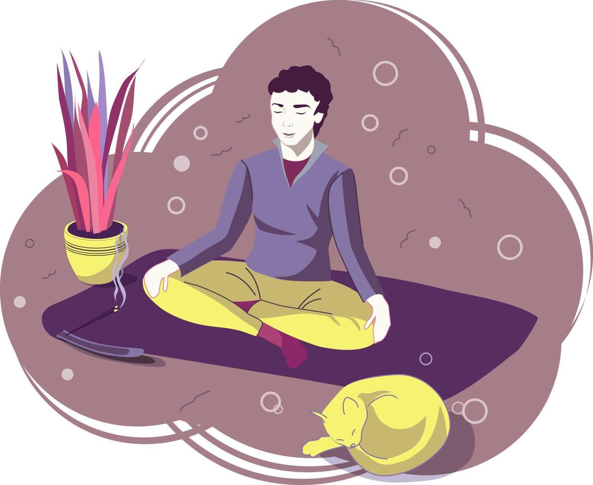 The man sitting crossing legs, doing yoga, and practicing meditation with his cat. Finding a quiet place. Vector cartoon illustration. Violet background