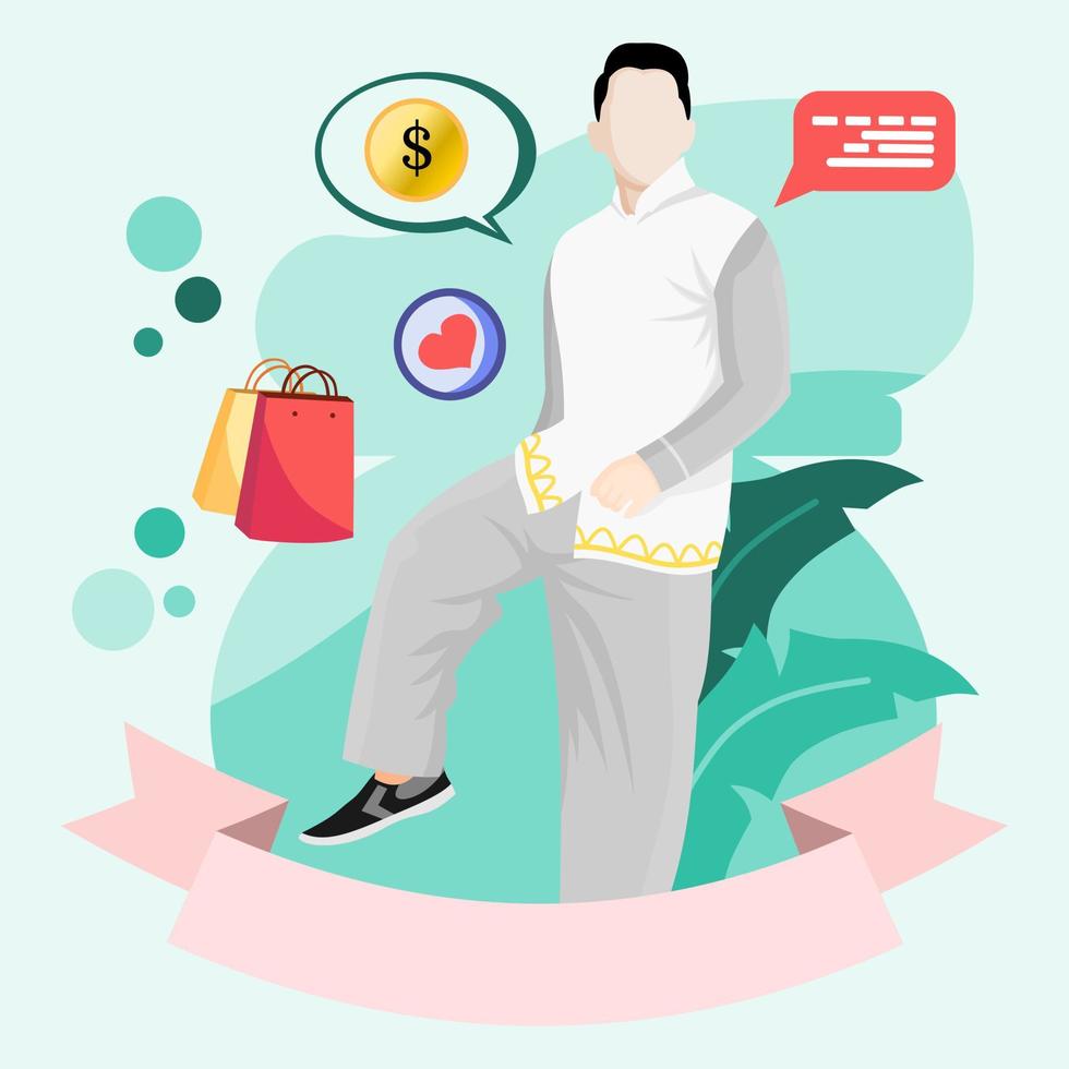 Mobile shopping concept. A men buy things in the online store. Shopping on social networks through phone flat design style. Online shopping vector illustration.