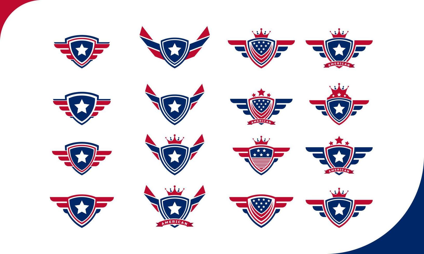 conjunto de emblema patriótico americano veterano bandera emblema alas logo. escudos y estrellas insignias militares ilustración vectorial vector