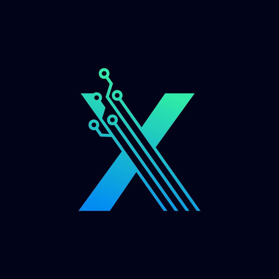 logotipo de la letra x de tecnología. plantilla de logotipo vectorial futurista con color degradado verde y azul. forma geometrica. utilizable para logotipos de negocios y tecnología. vector