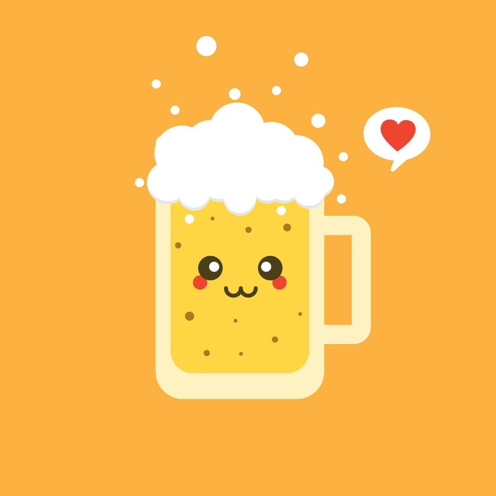 Ilustración de vector de diseño plano de cerveza. caricatura vectorial lindo y kawaii personaje de vaso de cerveza con espuma aislada en el fondo de color. etiqueta cómica de cerveza vectorial o plantilla de diseño de afiches.