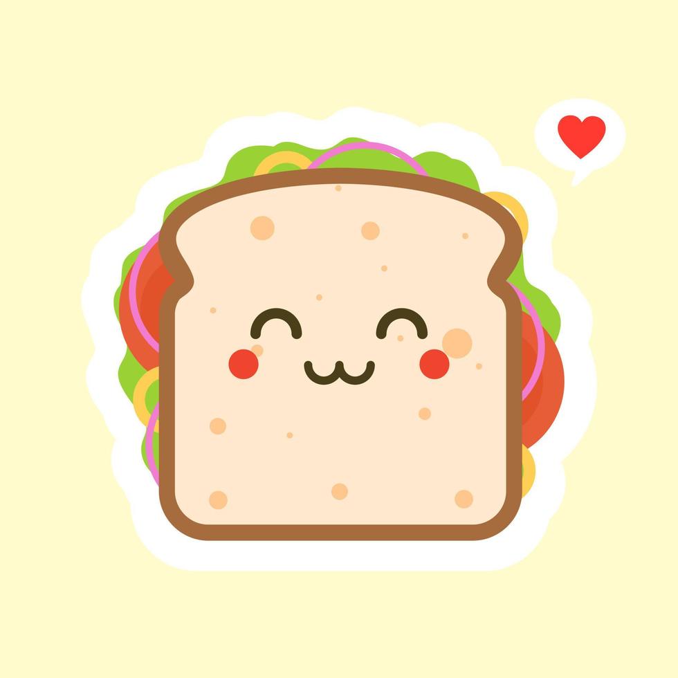 lindo y kawaii del personaje de pan de sándwich con verduras. desayuno. rebanada de sándwich de queso con tomate, lechuga y tocino, estilo de diseño plano de salchicha. sabrosa comida vegetariana. vector