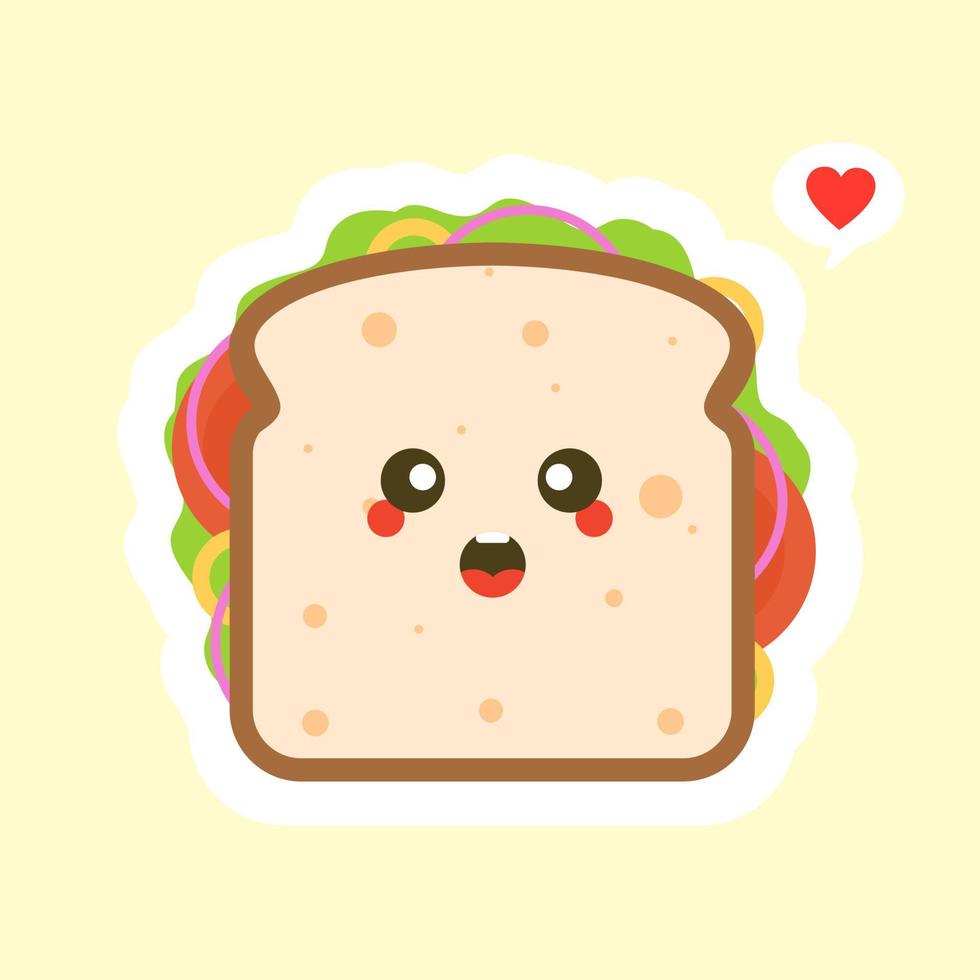 lindo y kawaii del personaje de pan de sándwich con verduras. desayuno. rebanada de sándwich de queso con tomate, lechuga y tocino, estilo de diseño plano de salchicha. sabrosa comida vegetariana. vector