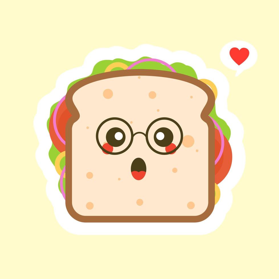 cute and kawaii of sandwich bread character with vegetables. breakfast. slice cheese sandwich with tomato, lettuce and bacon, sausage flat design style. tastyvegetarian food. vector