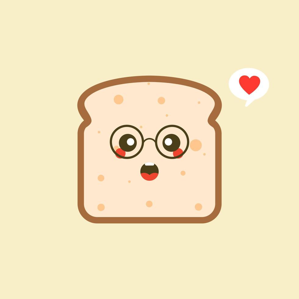 Vector divertido dibujo animado lindo pan rebanado personaje aislado sobre fondo de color. mascota de la etiqueta de panadería. icono de ilustración de personaje de caricatura plana vectorial. tostadas, tarjeta de buenos días, concepto de desayuno