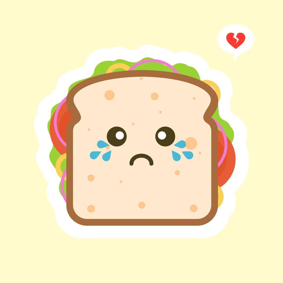 cute and kawaii of sandwich bread character with vegetables. breakfast. slice cheese sandwich with tomato, lettuce and bacon, sausage flat design style. tastyvegetarian food. vector